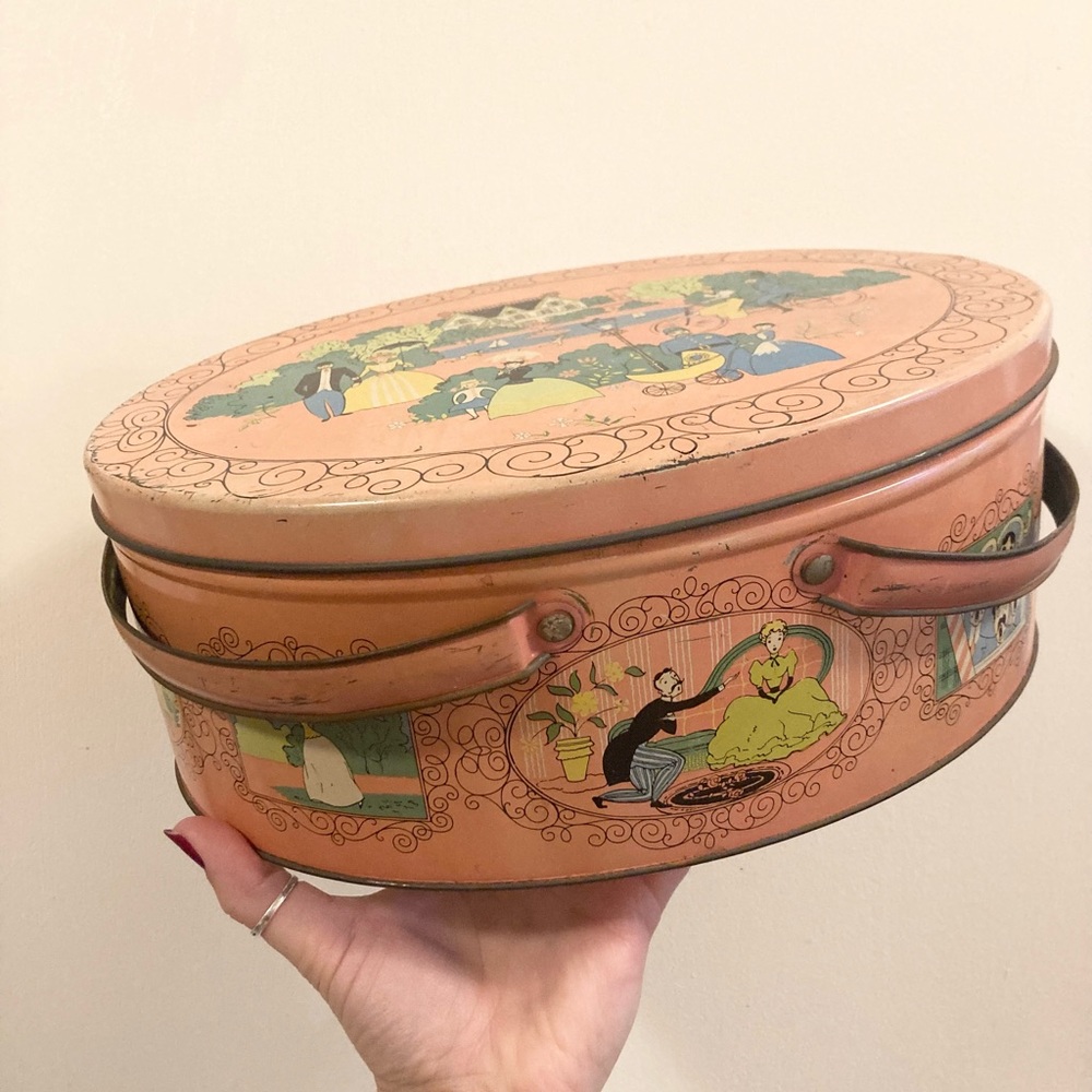 1952 Vintage Pink Basket Tin Picnic Basket Tin 50s Vintage Tin